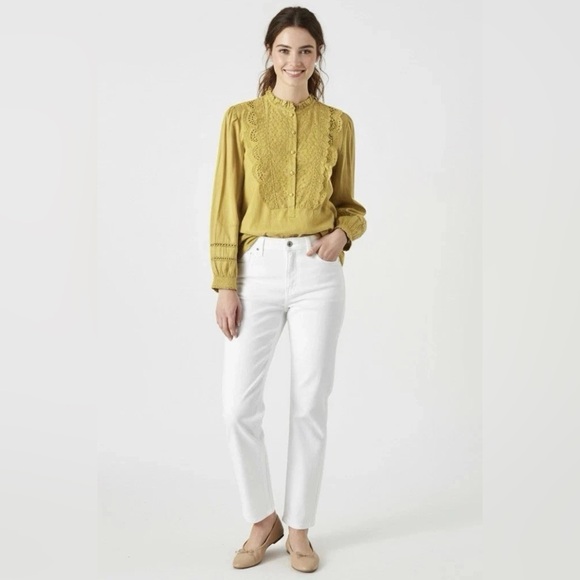 J.Crew gold Yellow Eyelet Ruffle Popover bib Blouse Top Shirt - Picture 3 of 10